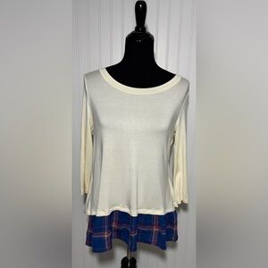 Bo Bel Boutique Blouse Plaid Layered Look Ivory Blue Preppy Womens Size Small